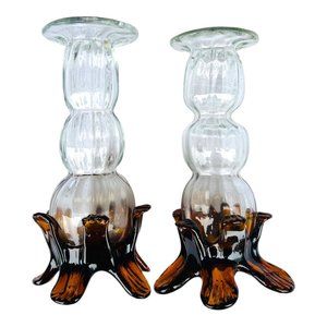 Mid-Century Modern Clear Glass and Amber Footed Candle Holders Set of Two